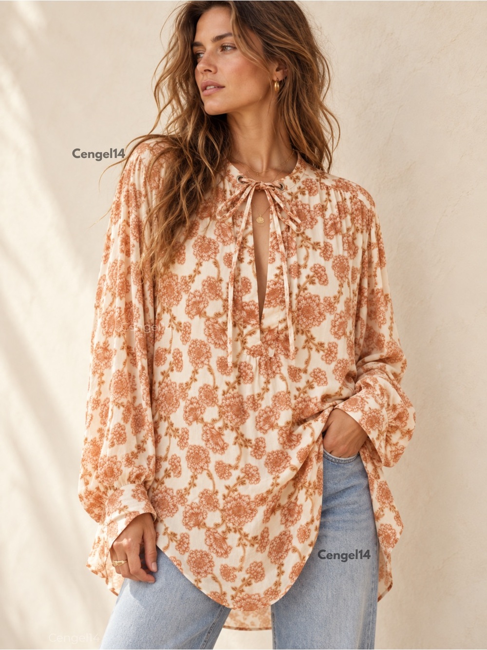 Free People Mia Floral Tunic Ivory Combo Oversized Blouse Medium NWT